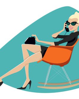 An illustration of A stylish woman in sunglasses and a black dress is sitting on an orange rocking chair, smiling while chatting with Neal on the phone. She holds a black purse and crosses her legs against a teal abstract background.